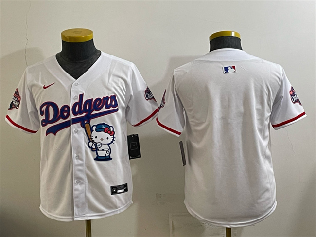 Youth Los Angeles Dodgers Blank White Hello Kitty Night 2025 World Series Champions Patch Stitched Baseball Jersey Youth Los Angeles Dodgers Blank White Hello Kitty Night 2025 World Series Champions Patch Stitched Baseball Jersey